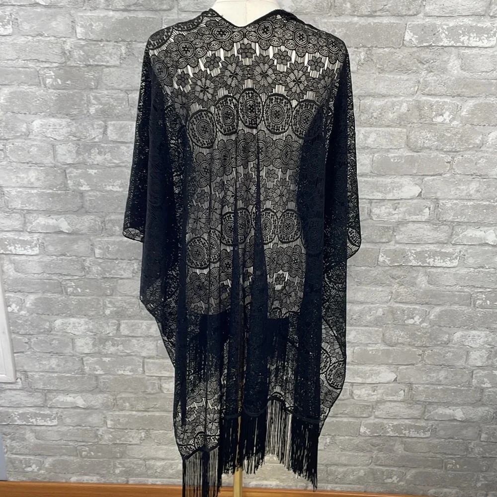 Dressbarn Black Lace Kimono with Fringe - Picture 5 of 5